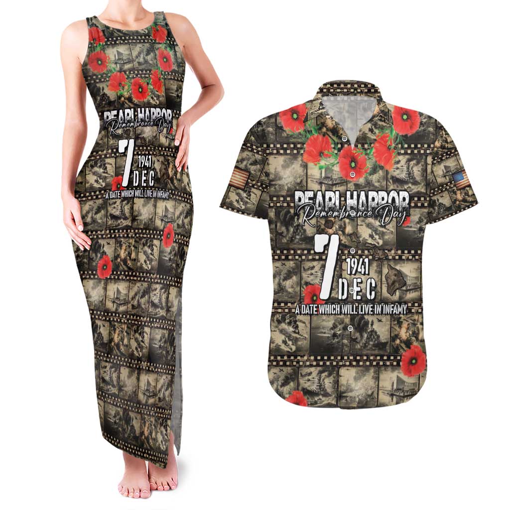 Pearl Harbor Remembrance Day Personalized Couples Matching Tank Maxi Dress and Hawaiian Shirt Memories of December 7 with Red Poppy Lei - Polynesian Pride