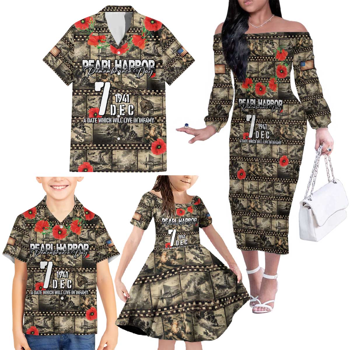 Pearl Harbor Remembrance Day Personalized Family Matching Off The Shoulder Long Sleeve Dress and Hawaiian Shirt Memories of December 7 with Red Poppy Lei - Polynesian Pride