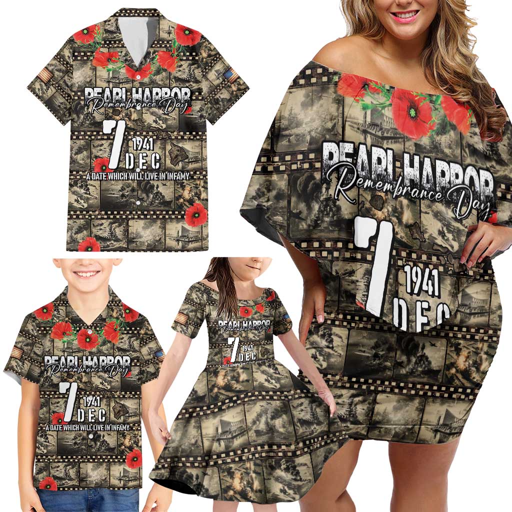 Pearl Harbor Remembrance Day Personalized Family Matching Off Shoulder Short Dress and Hawaiian Shirt Memories of December 7 with Red Poppy Lei - Polynesian Pride