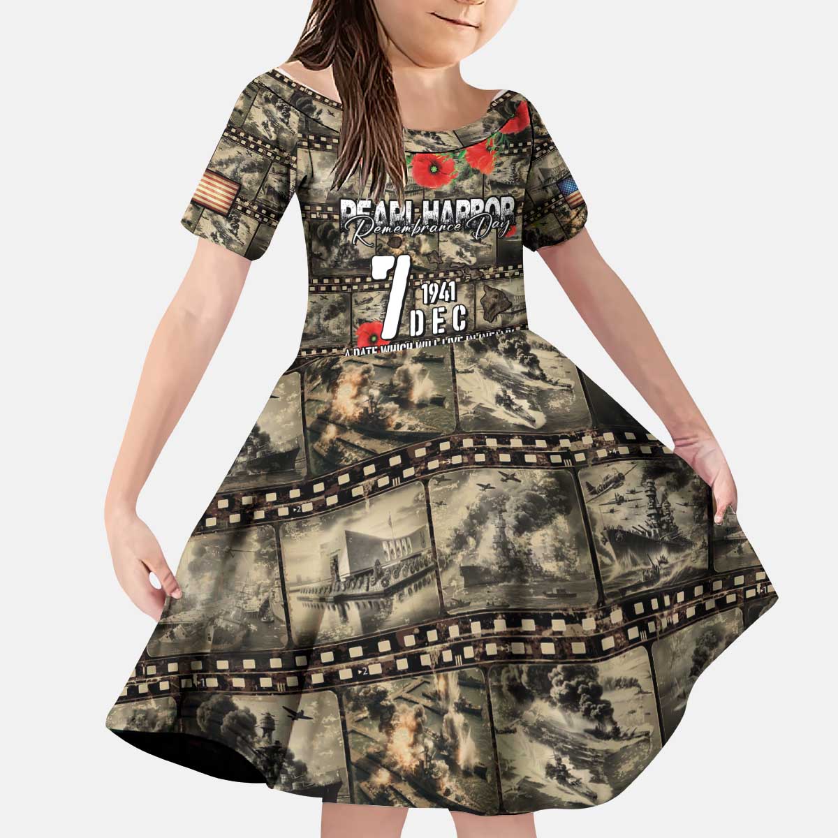 Pearl Harbor Remembrance Day Personalized Kid Short Sleeve Dress Memories of December 7 with Red Poppy Lei - Polynesian Pride