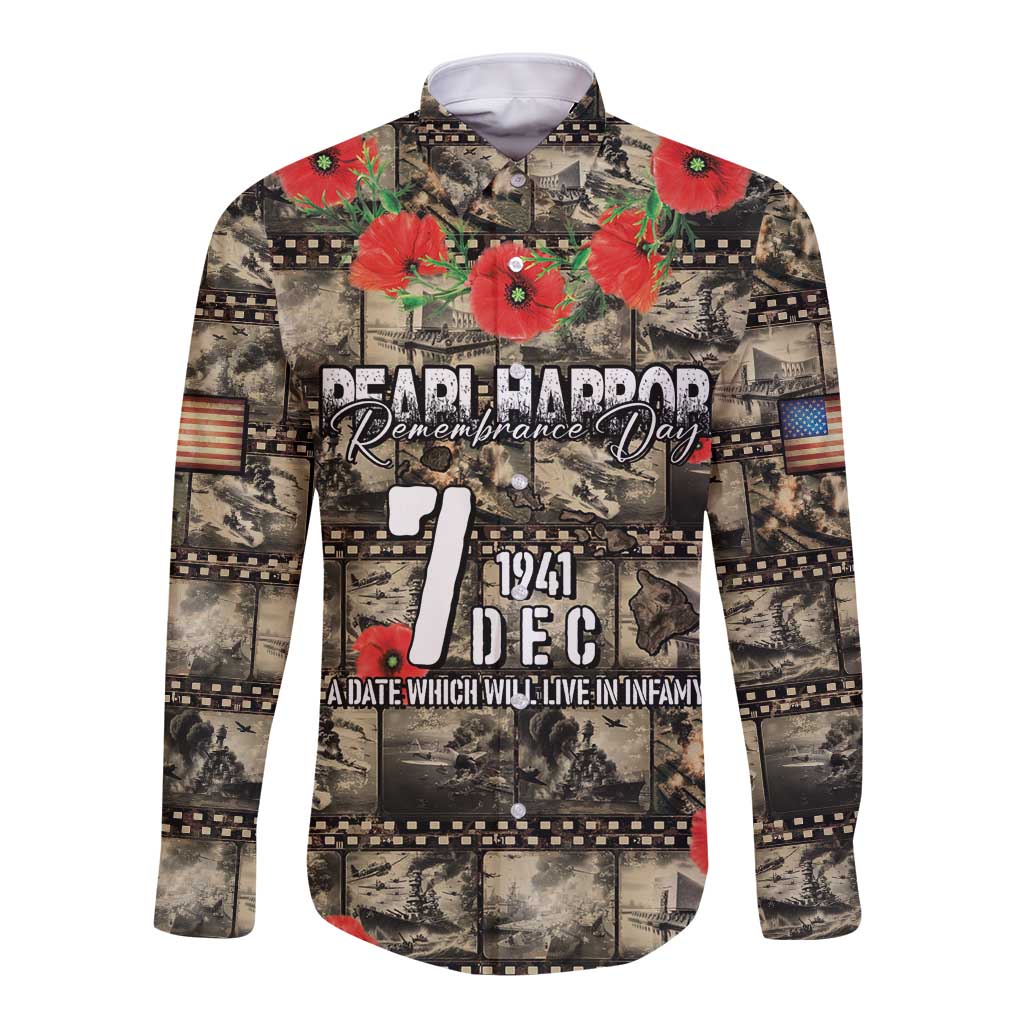 Pearl Harbor Remembrance Day Personalized Long Sleeve Button Shirt Memories of December 7 with Red Poppy Lei - Polynesian Pride