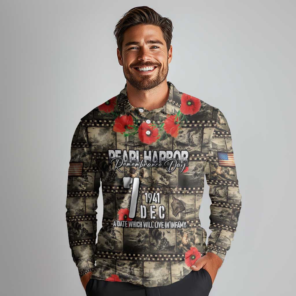 Pearl Harbor Remembrance Day Personalized Long Sleeve Polo Shirt Memories of December 7 with Red Poppy Lei - Polynesian Pride