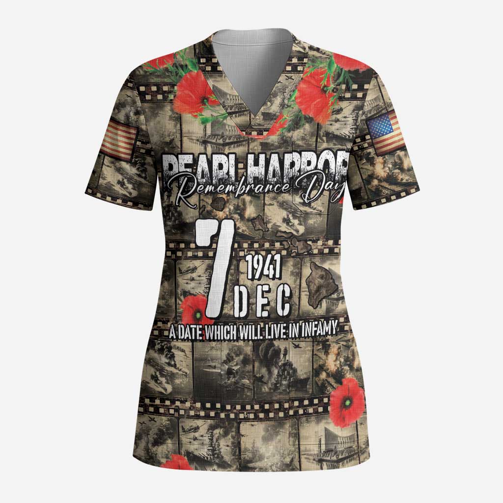 Pearl Harbor Remembrance Day Personalized Scrub Top Memories of December 7 with Red Poppy Lei - Polynesian Pride