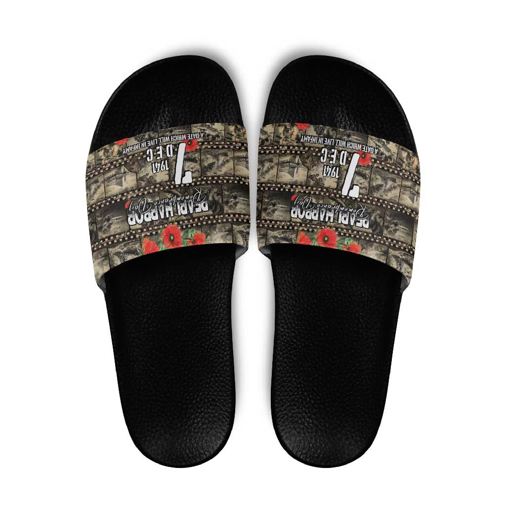 Pearl Harbor Remembrance Day Slide Sandals Memories of December 7 with Red Poppy Lei LT03 Beige - Polynesian Pride