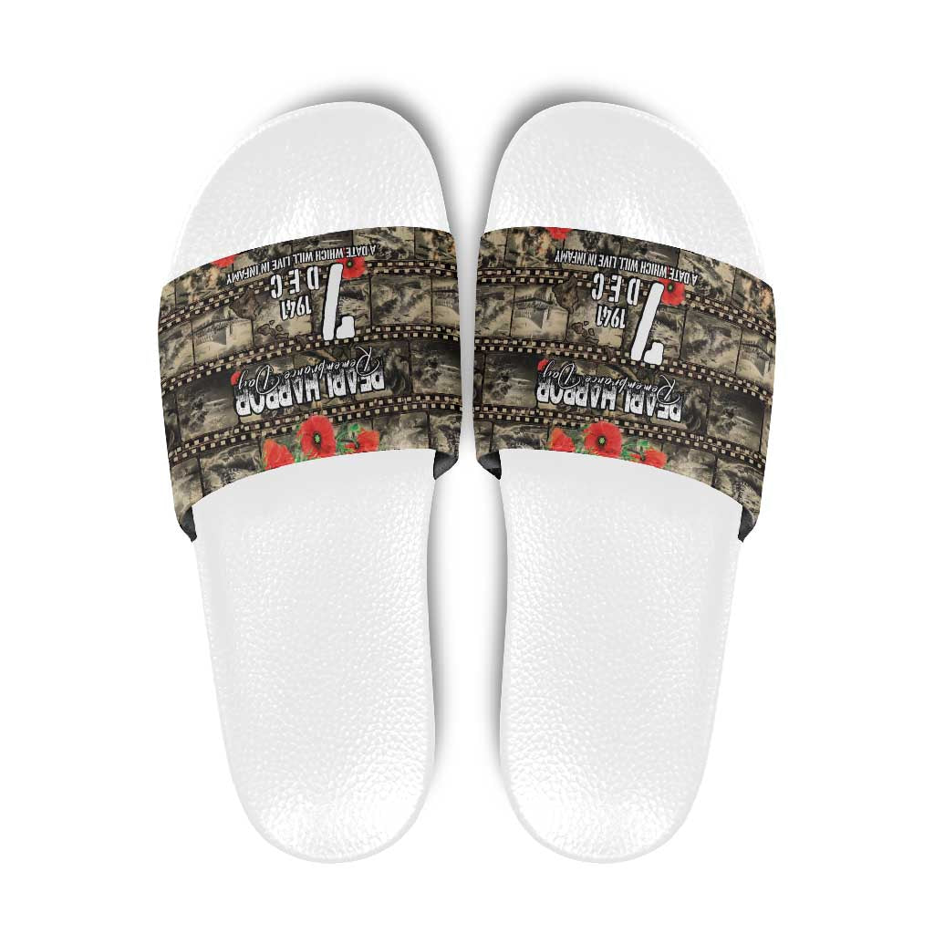 Pearl Harbor Remembrance Day Slide Sandals Memories of December 7 with Red Poppy Lei LT03 Beige - Polynesian Pride