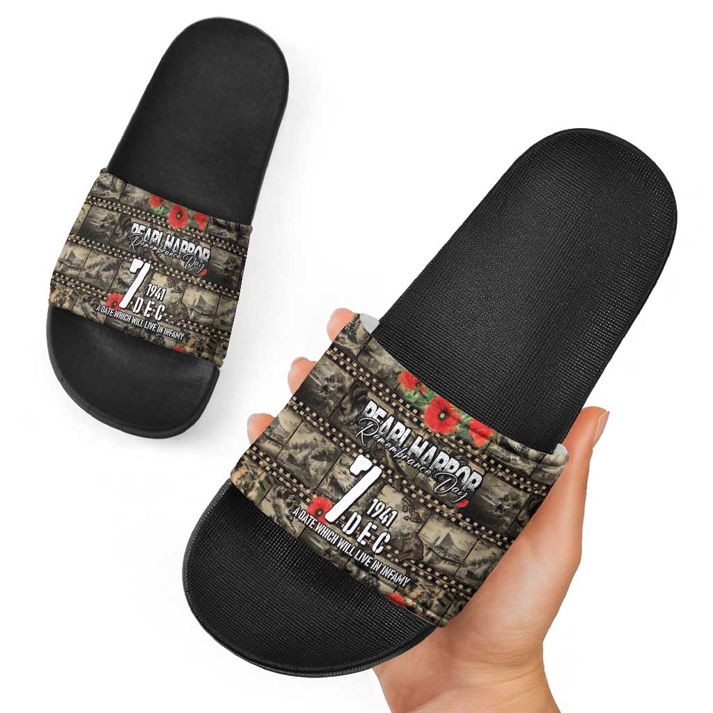 Pearl Harbor Remembrance Day Slide Sandals Memories of December 7 with Red Poppy Lei LT03 - Polynesian Pride