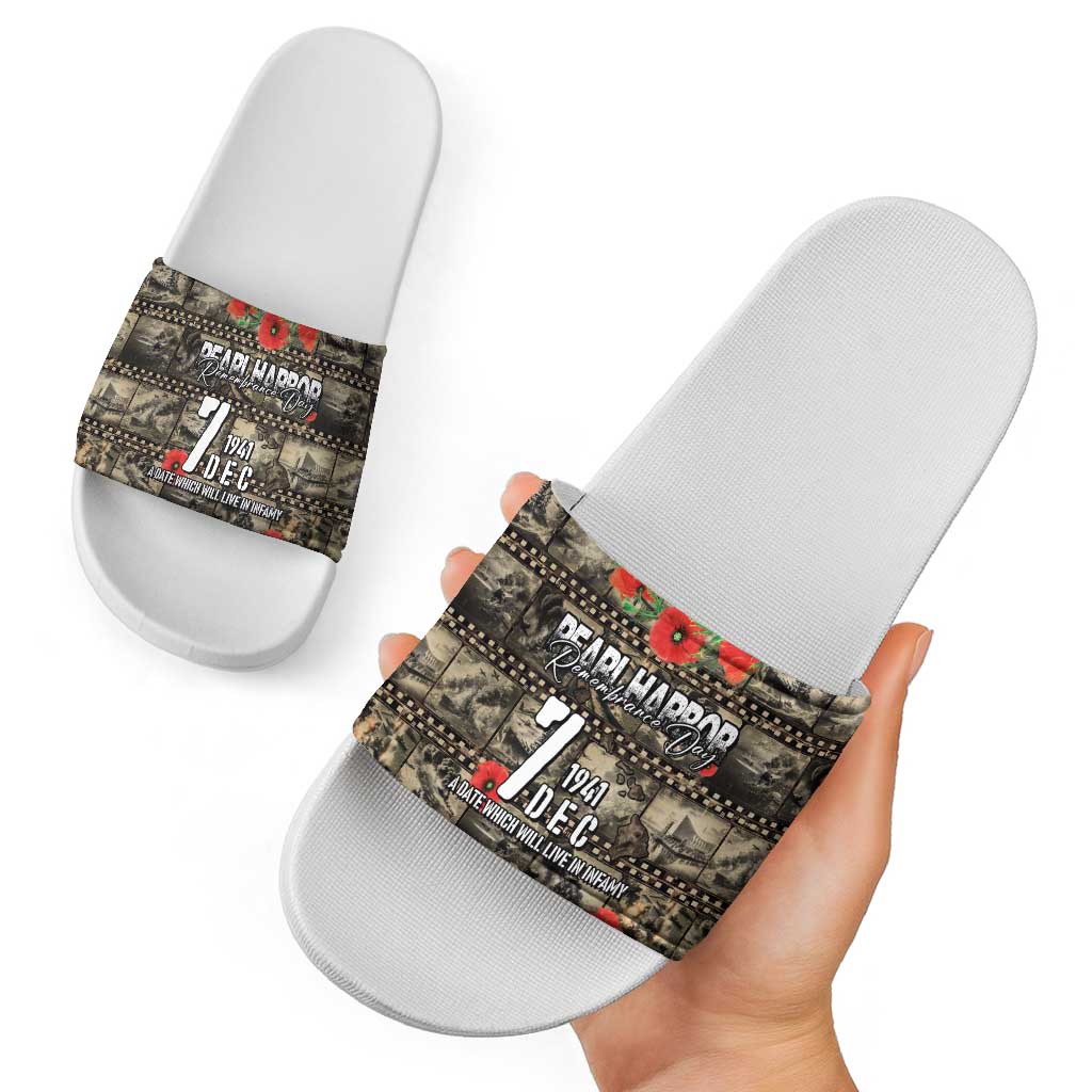 Pearl Harbor Remembrance Day Slide Sandals Memories of December 7 with Red Poppy Lei LT03 - Polynesian Pride