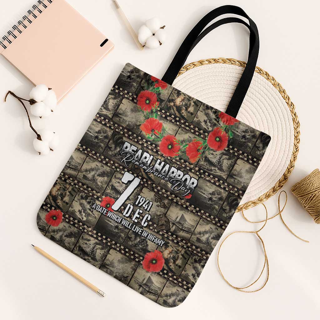 Pearl Harbor Remembrance Day Tote Bag Memories of December 7 with Red Poppy Lei - Polynesian Pride