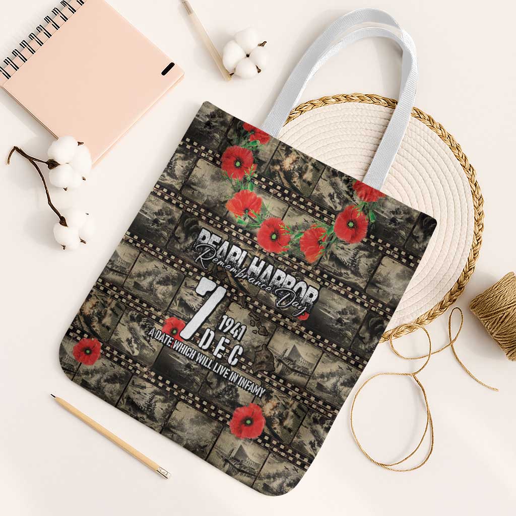 Pearl Harbor Remembrance Day Tote Bag Memories of December 7 with Red Poppy Lei - Polynesian Pride