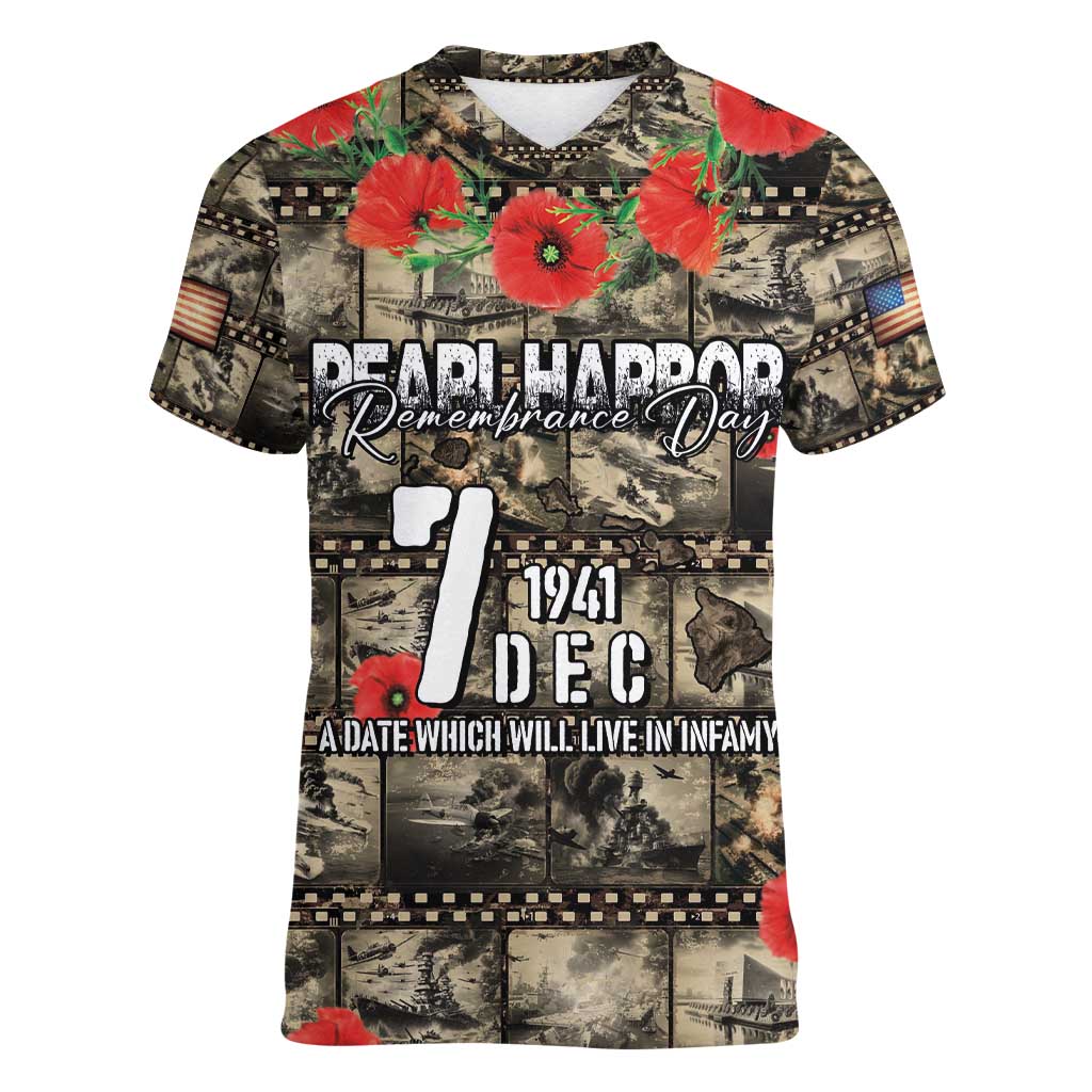 Pearl Harbor Remembrance Day Personalized Women V-Neck T-Shirt Memories of December 7 with Red Poppy Lei - Polynesian Pride