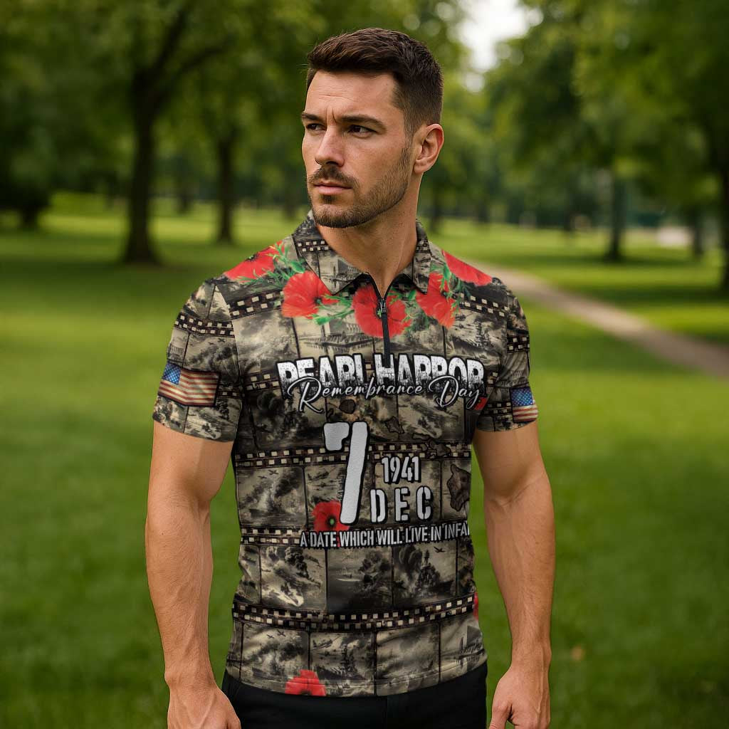 Pearl Harbor Remembrance Day Personalized Zipper Polo Shirt Memories of December 7 with Red Poppy Lei LT03 - Polynesian Pride