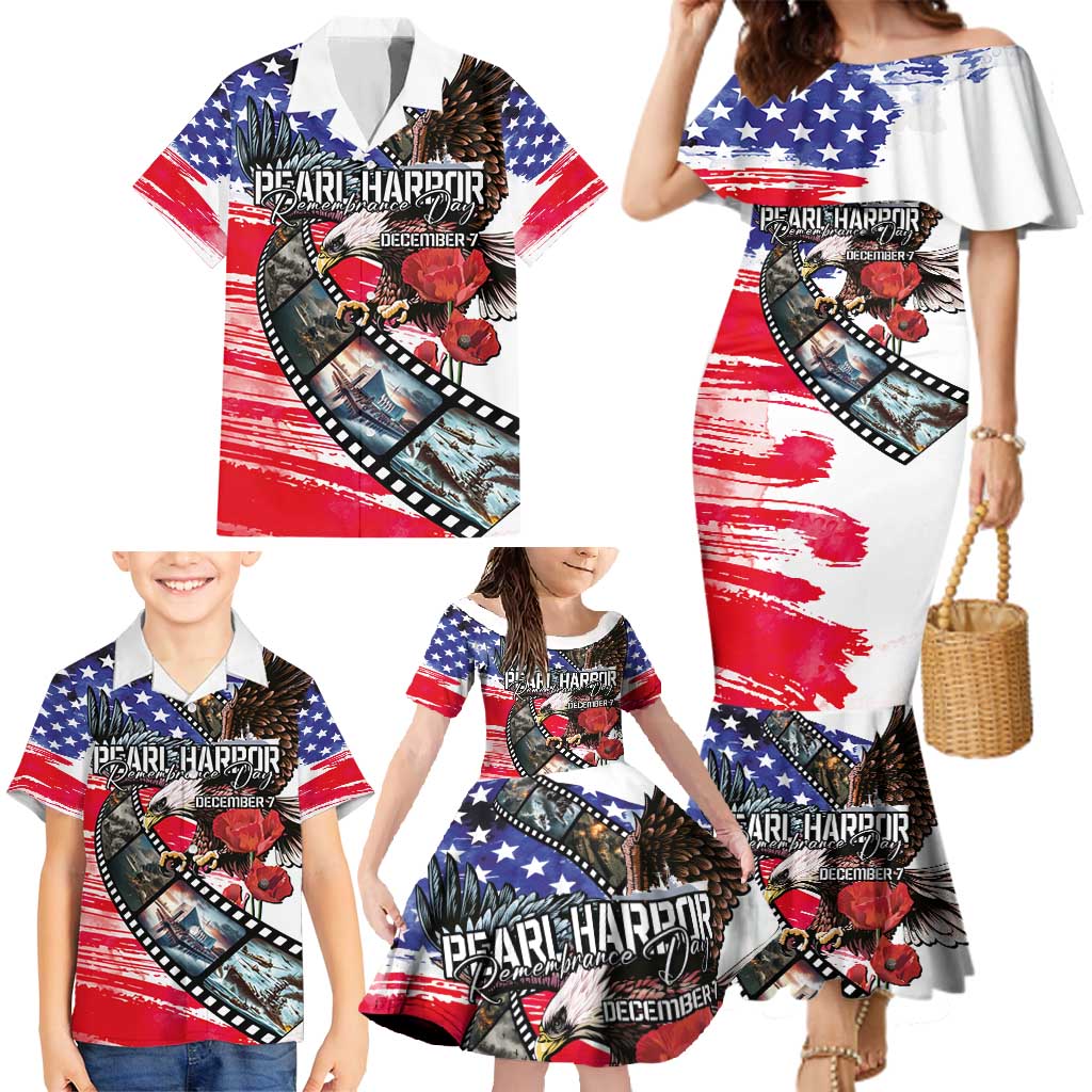 Pearl Harbor Remembrance Day Personalized Family Matching Mermaid Dress and Hawaiian Shirt Lest We Forget - The Bald Eagle Remembers - Polynesian Pride