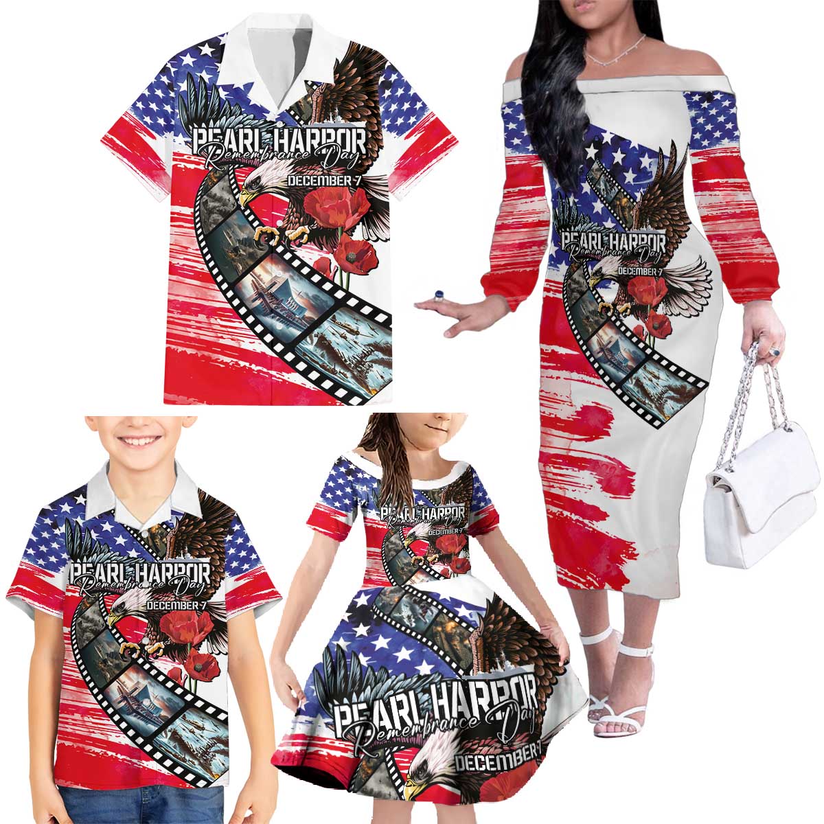 Pearl Harbor Remembrance Day Personalized Family Matching Off The Shoulder Long Sleeve Dress and Hawaiian Shirt Lest We Forget - The Bald Eagle Remembers - Polynesian Pride
