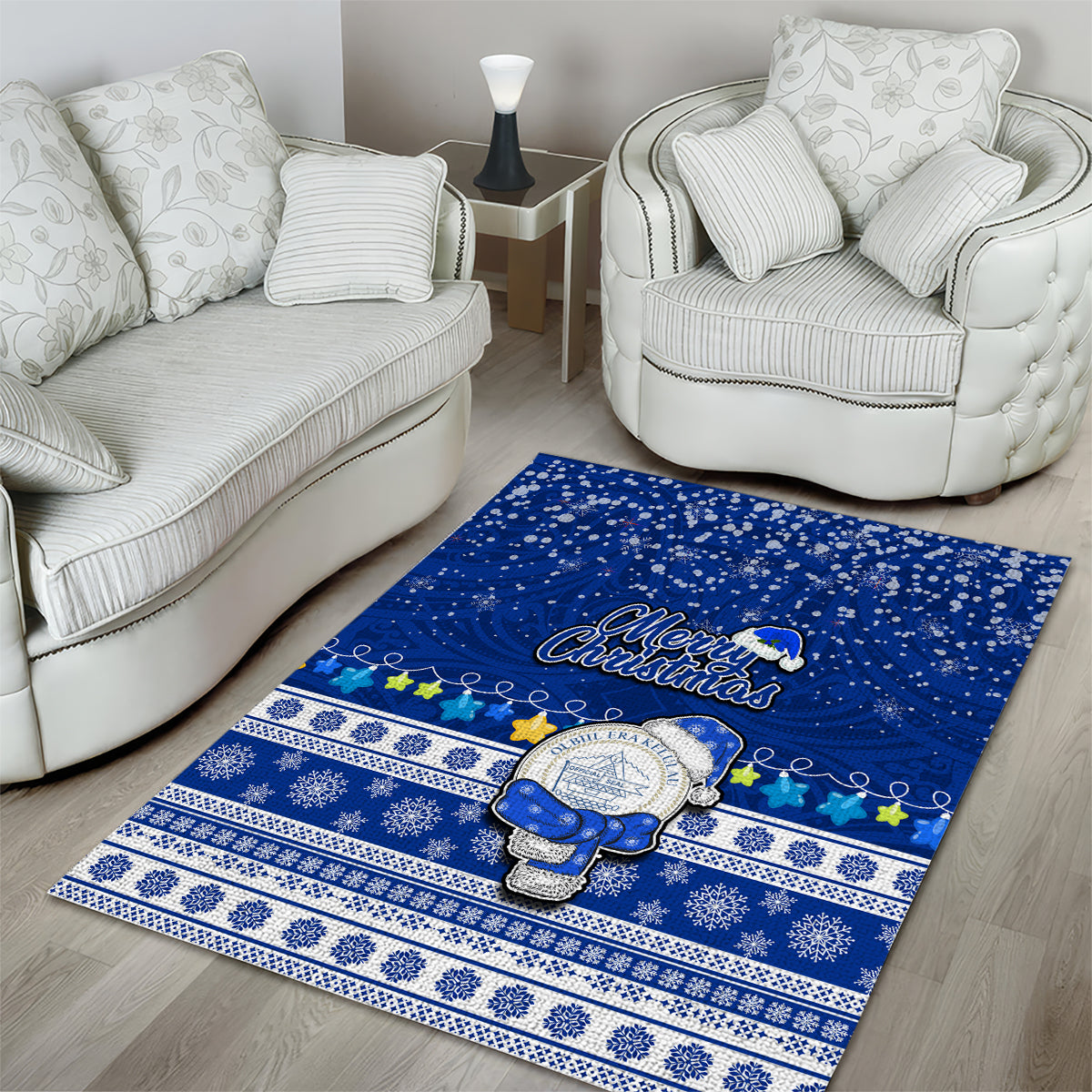Palau Christmas Area Rug Snowman Hugs Palau Coat of Arms Maori Pattern Blue Style LT03 - Polynesian Pride