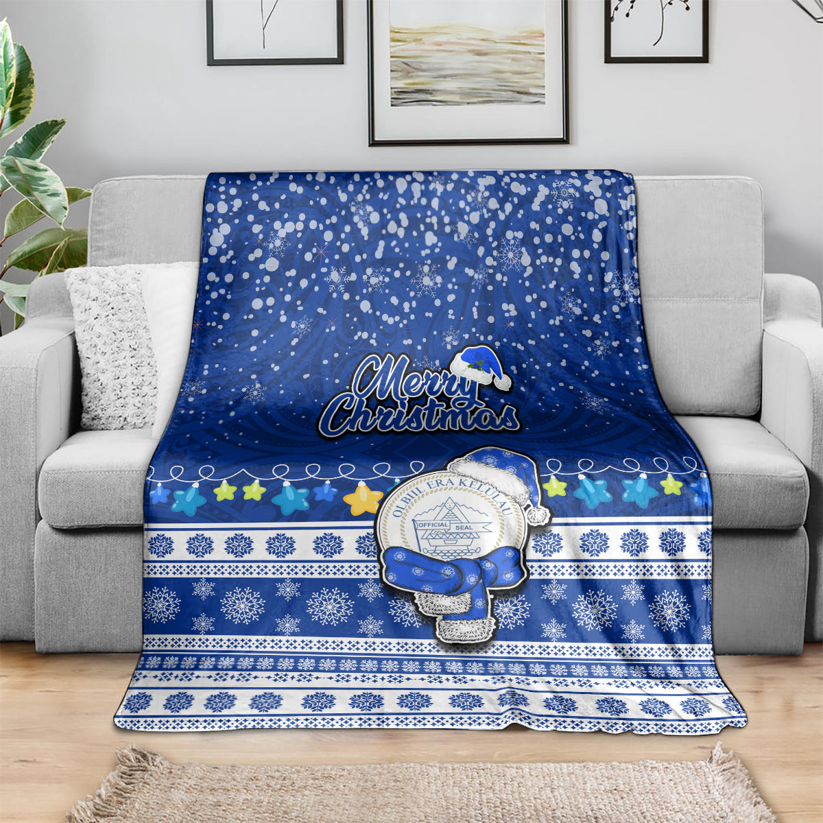 Palau Christmas Blanket Snowman Hugs Palau Coat of Arms Maori Pattern Blue Style LT03 - Polynesian Pride