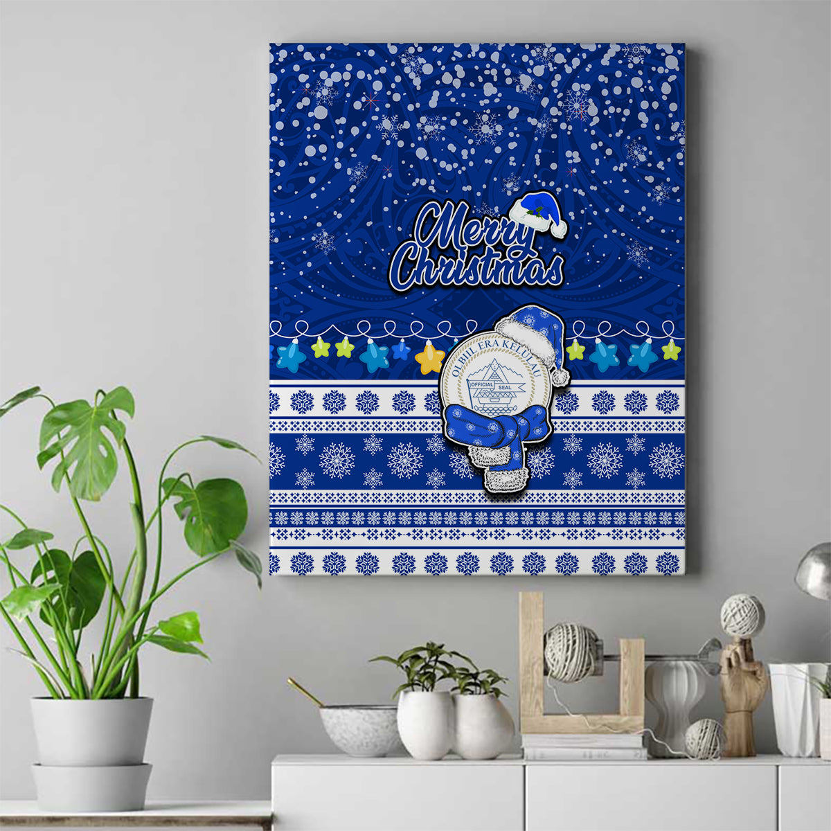 Palau Christmas Canvas Wall Art Snowman Hugs Palau Coat of Arms Maori Pattern Blue Style LT03 Blue - Polynesian Pride