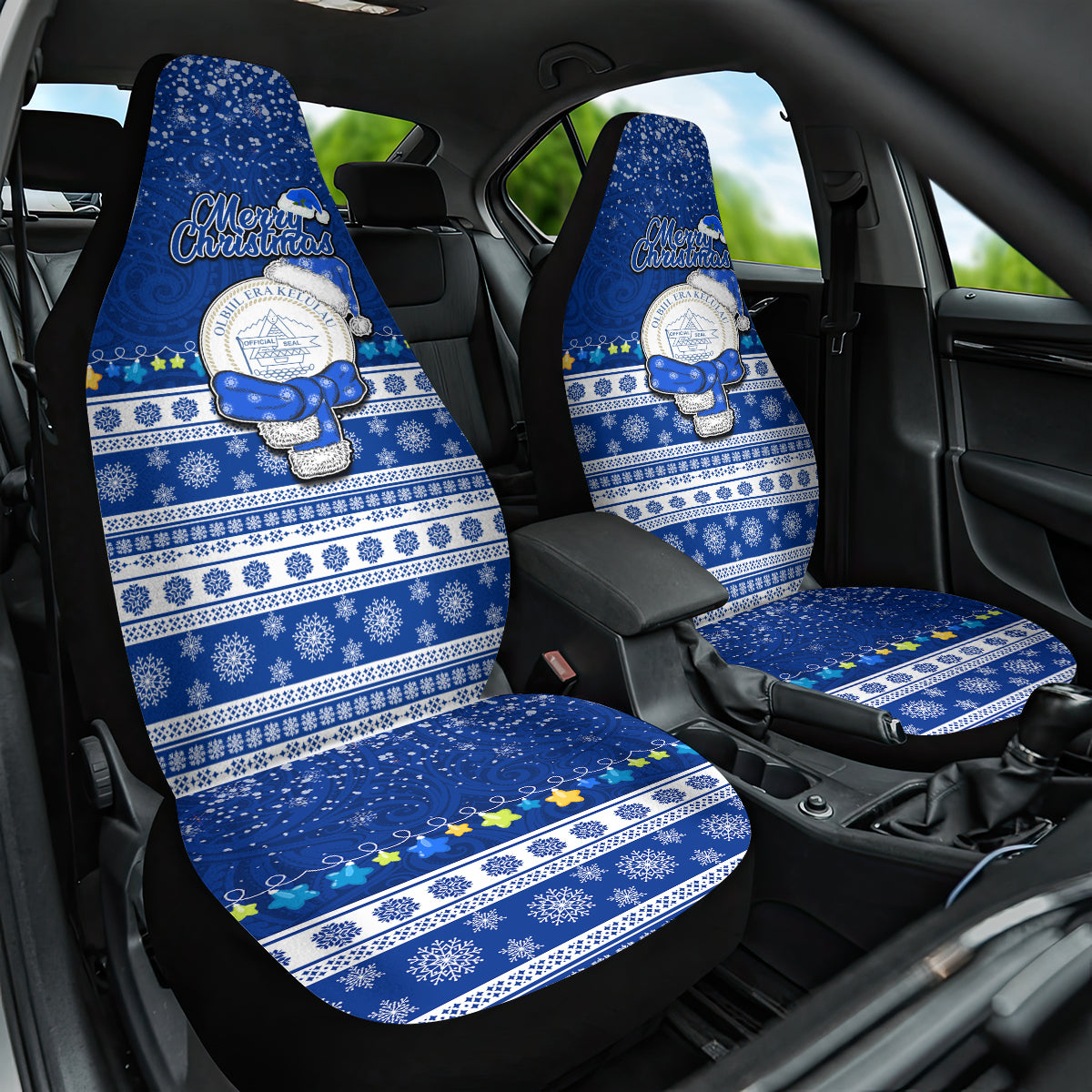 Palau Christmas Car Seat Cover Snowman Hugs Palau Coat of Arms Maori Pattern Blue Style LT03 One Size Blue - Polynesian Pride
