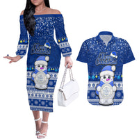 Palau Christmas Couples Matching Off The Shoulder Long Sleeve Dress and Hawaiian Shirt Snowman Hugs Palau Coat of Arms Maori Pattern Blue Style LT03 Blue - Polynesian Pride