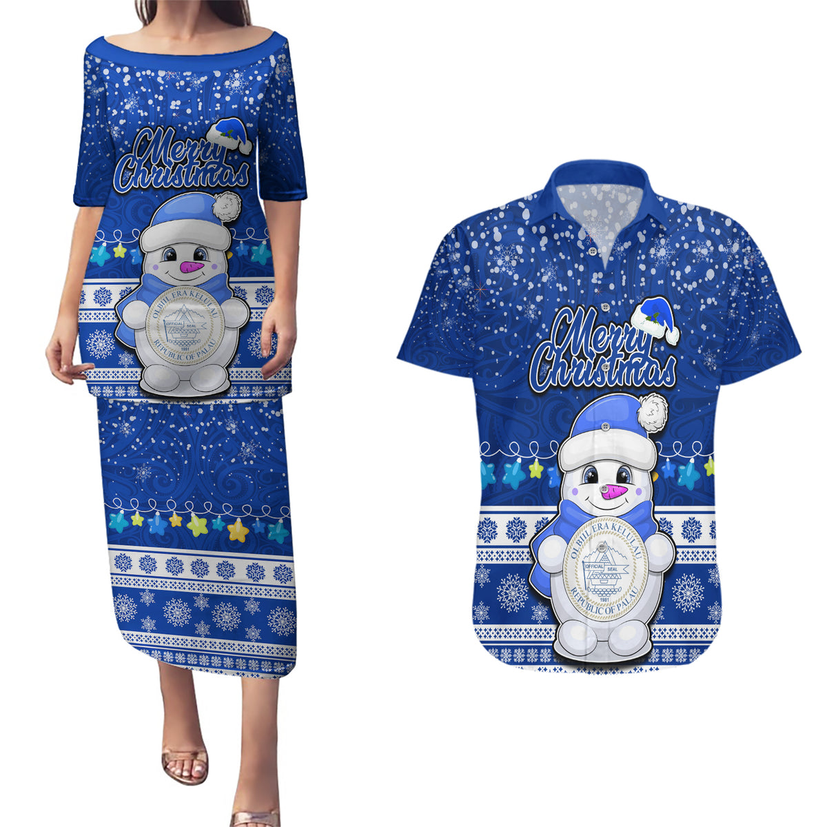 Palau Christmas Couples Matching Puletasi Dress and Hawaiian Shirt Snowman Hugs Palau Coat of Arms Maori Pattern Blue Style LT03 Blue - Polynesian Pride