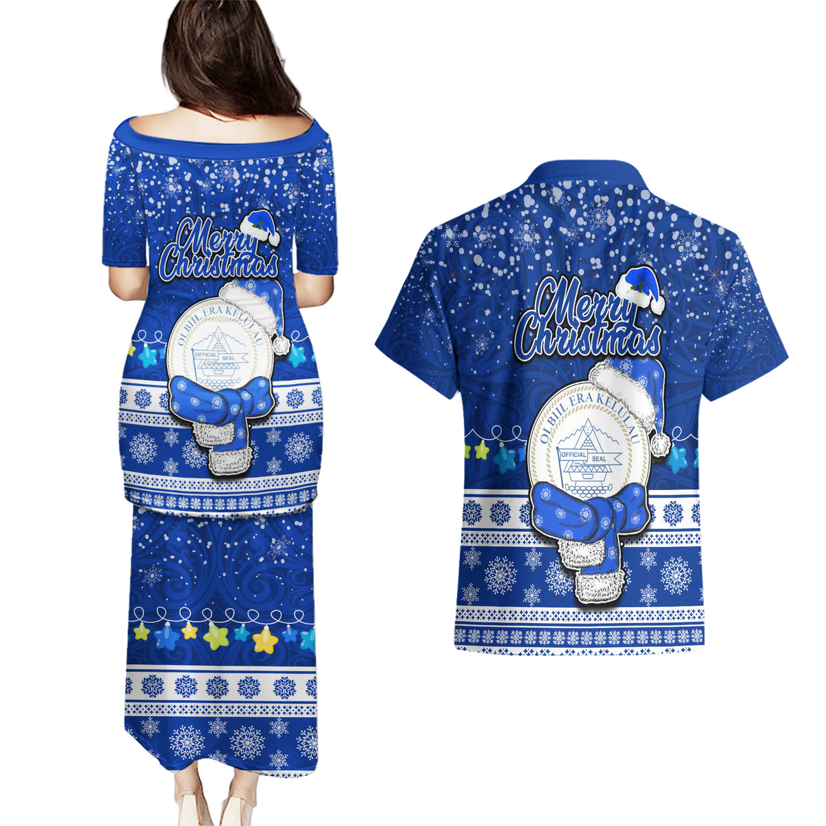 Palau Christmas Couples Matching Puletasi Dress and Hawaiian Shirt Snowman Hugs Palau Coat of Arms Maori Pattern Blue Style LT03 - Polynesian Pride