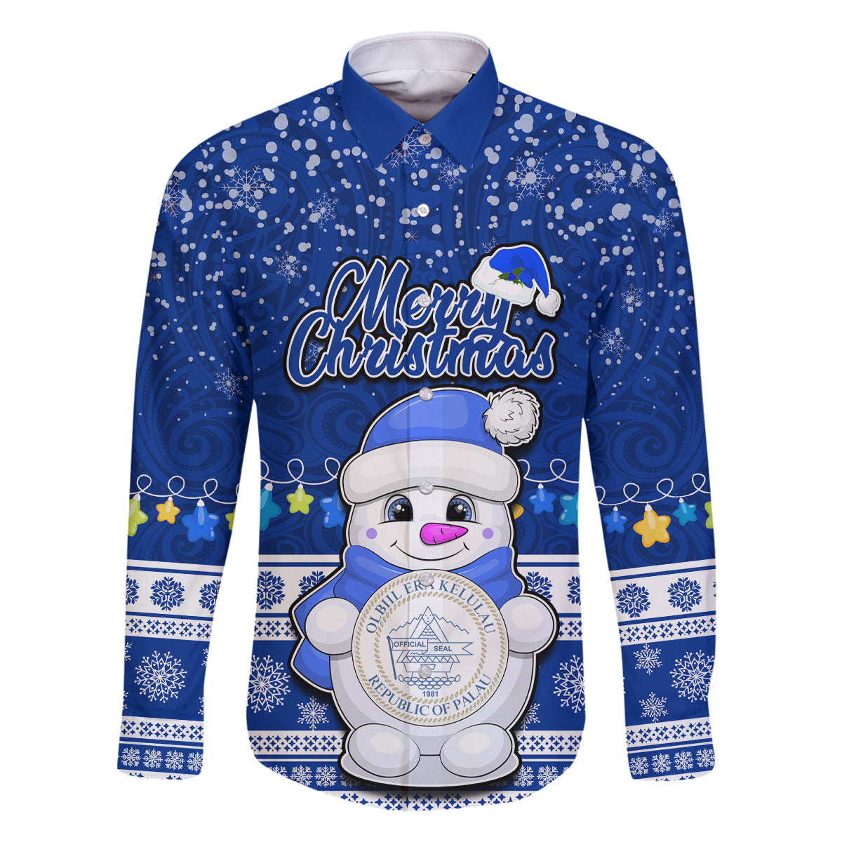 Palau Christmas Family Matching Off Shoulder Maxi Dress and Hawaiian Shirt Snowman Hugs Palau Coat of Arms Maori Pattern Blue Style LT03 Dad's Shirt - Long Sleeve Blue - Polynesian Pride