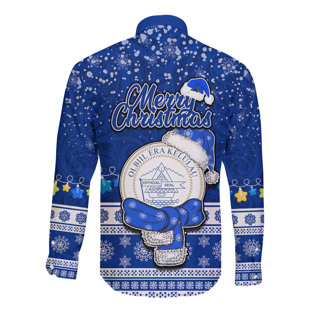 Palau Christmas Long Sleeve Button Shirt Snowman Hugs Palau Coat of Arms Maori Pattern Blue Style LT03 - Polynesian Pride