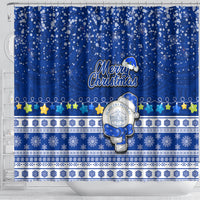 Palau Christmas Shower Curtain Snowman Hugs Palau Coat of Arms Maori Pattern Blue Style LT03 - Polynesian Pride