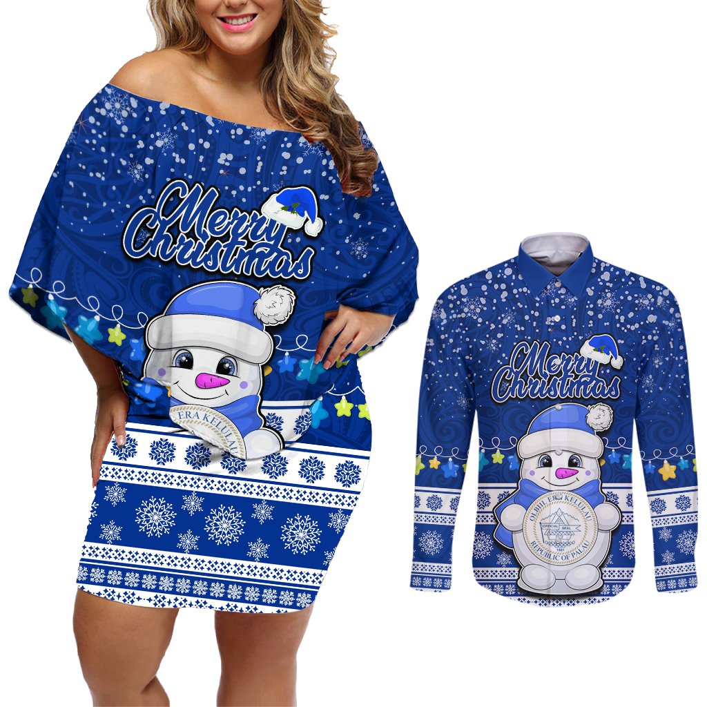Personalised Palau Christmas Couples Matching Off Shoulder Short Dress and Long Sleeve Button Shirt Snowman Hugs Palau Coat of Arms Maori Pattern Blue Style LT03 Blue - Polynesian Pride
