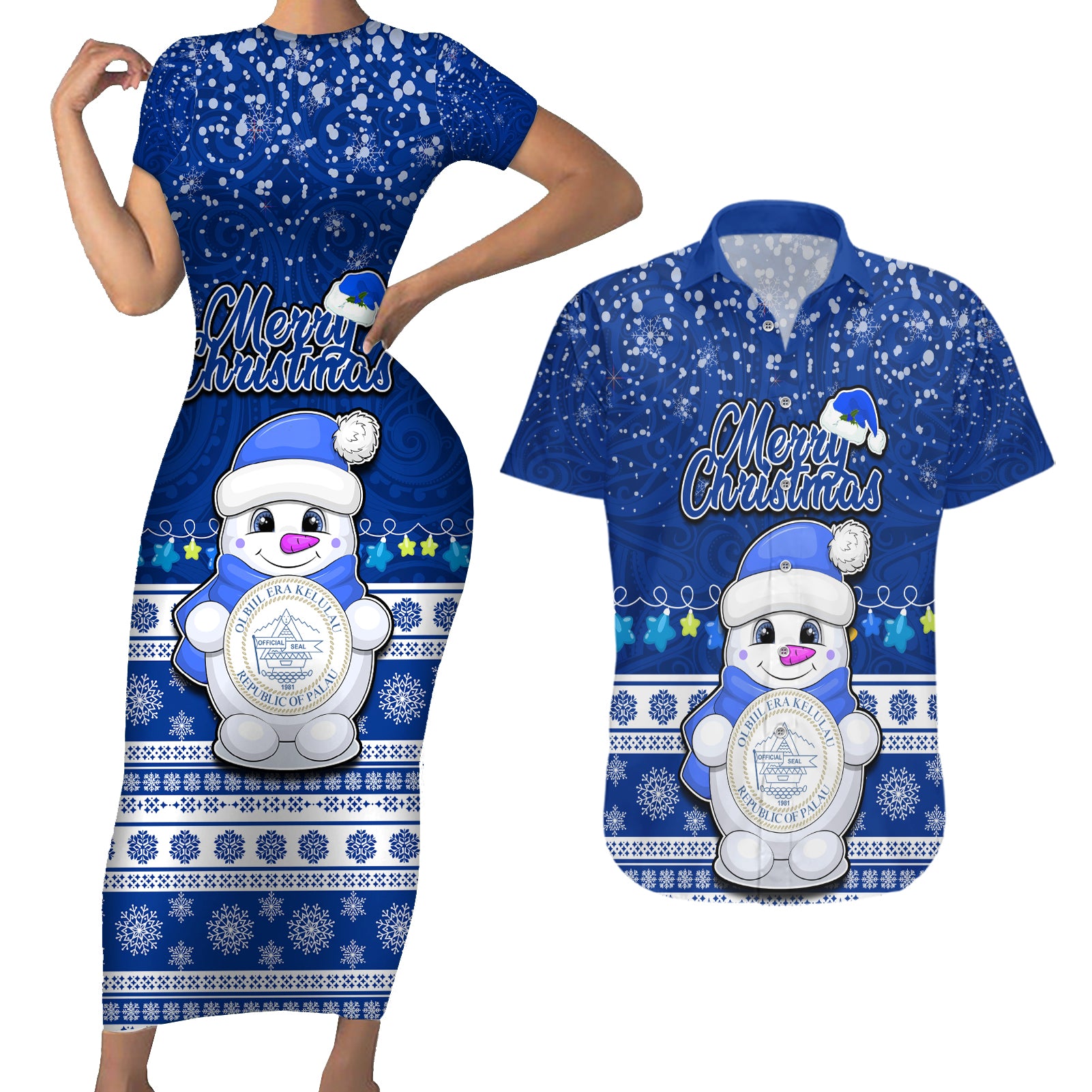 Personalised Palau Christmas Couples Matching Short Sleeve Bodycon Dress and Hawaiian Shirt Snowman Hugs Palau Coat of Arms Maori Pattern Blue Style LT03 Blue - Polynesian Pride