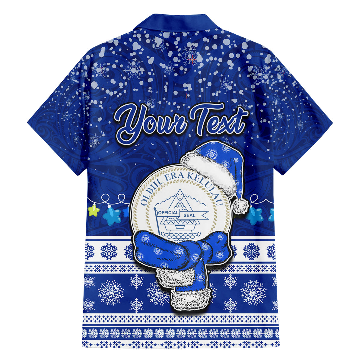 Personalised Palau Christmas Family Matching Summer Maxi Dress and Hawaiian Shirt Snowman Hugs Palau Coat of Arms Maori Pattern Blue Style LT03 - Polynesian Pride