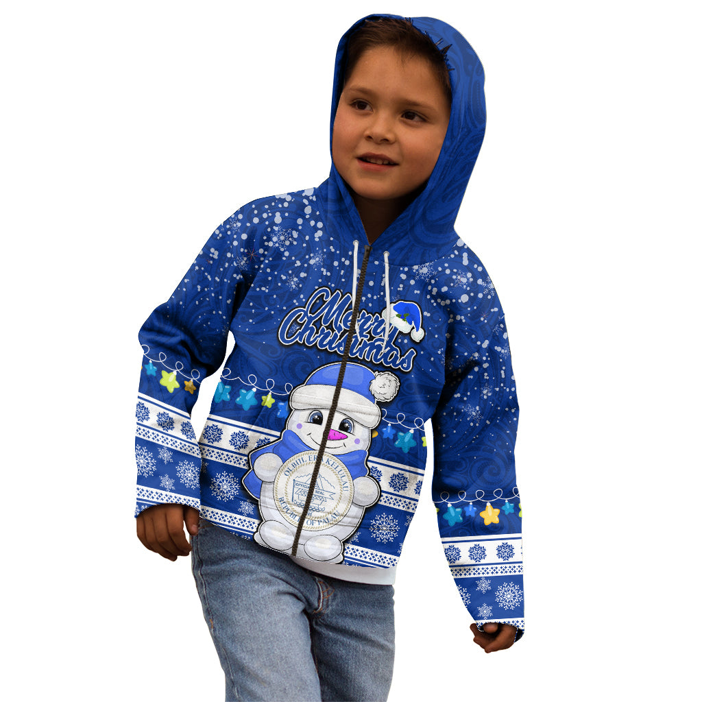 Personalised Palau Christmas Kid Hoodie Snowman Hugs Palau Coat of Arms Maori Pattern Blue Style LT03 - Polynesian Pride