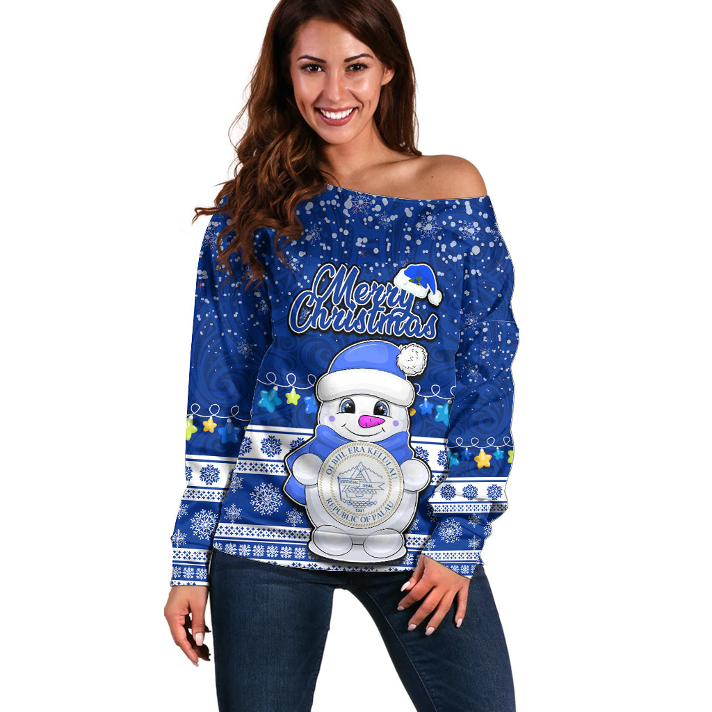 Personalised Palau Christmas Off Shoulder Sweater Snowman Hugs Palau Coat of Arms Maori Pattern Blue Style LT03 Women Blue - Polynesian Pride
