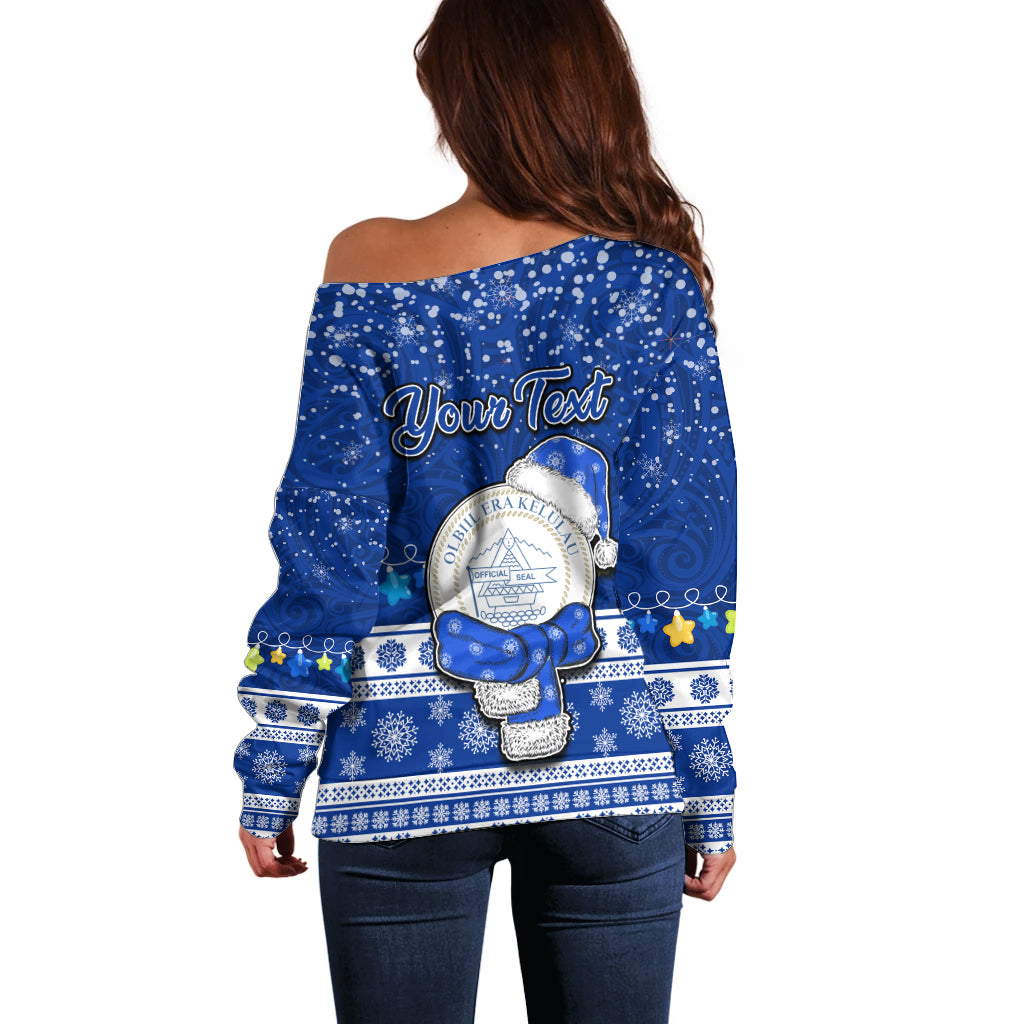 Personalised Palau Christmas Off Shoulder Sweater Snowman Hugs Palau Coat of Arms Maori Pattern Blue Style LT03 - Polynesian Pride