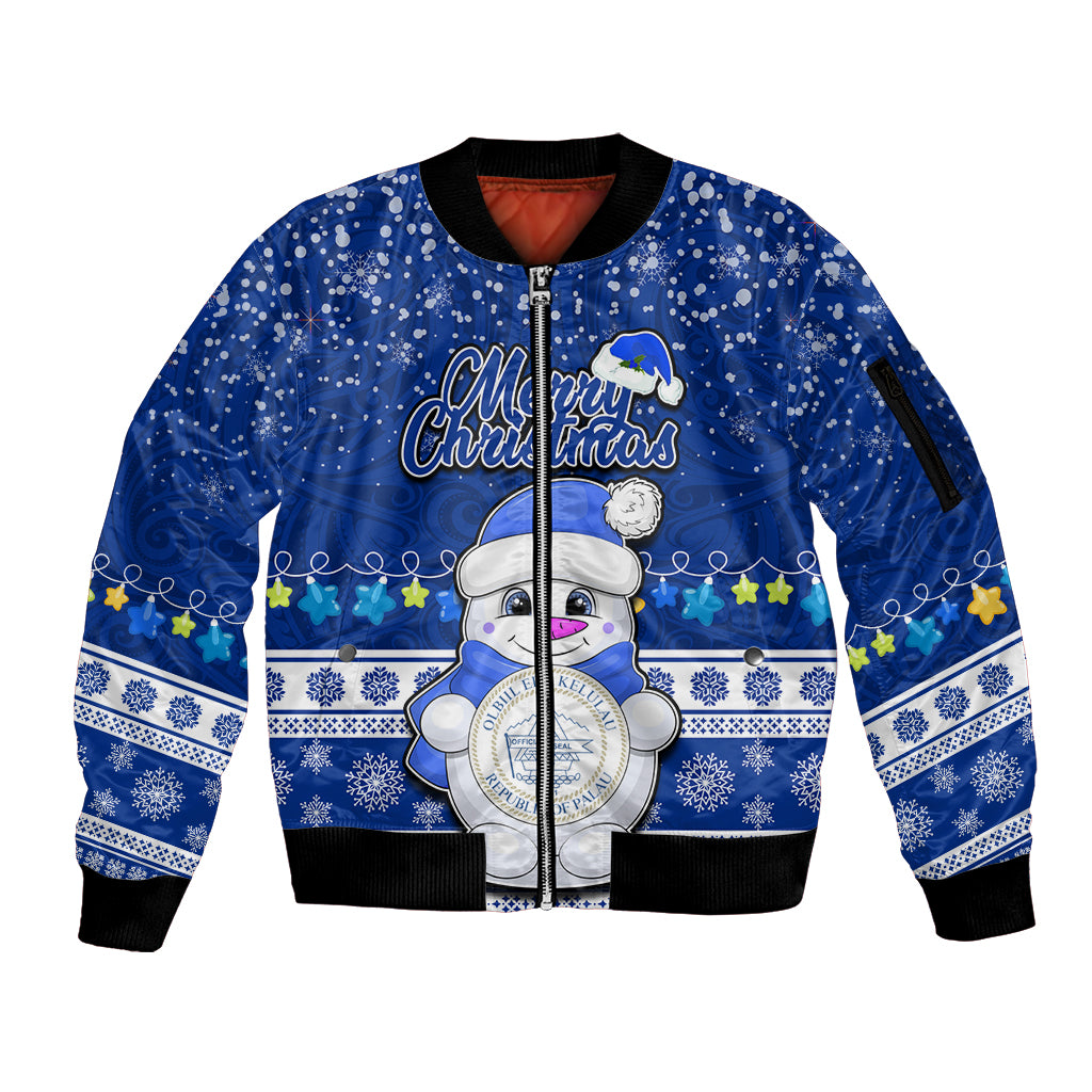 Personalised Palau Christmas Sleeve Zip Bomber Jacket Snowman Hugs Palau Coat of Arms Maori Pattern Blue Style LT03 Unisex Blue - Polynesian Pride