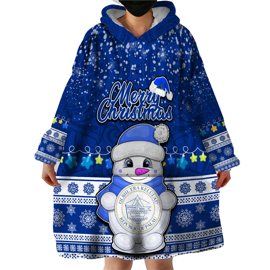 Personalised Palau Christmas Wearable Blanket Hoodie Snowman Hugs Palau Coat of Arms Maori Pattern Blue Style LT03 - Polynesian Pride