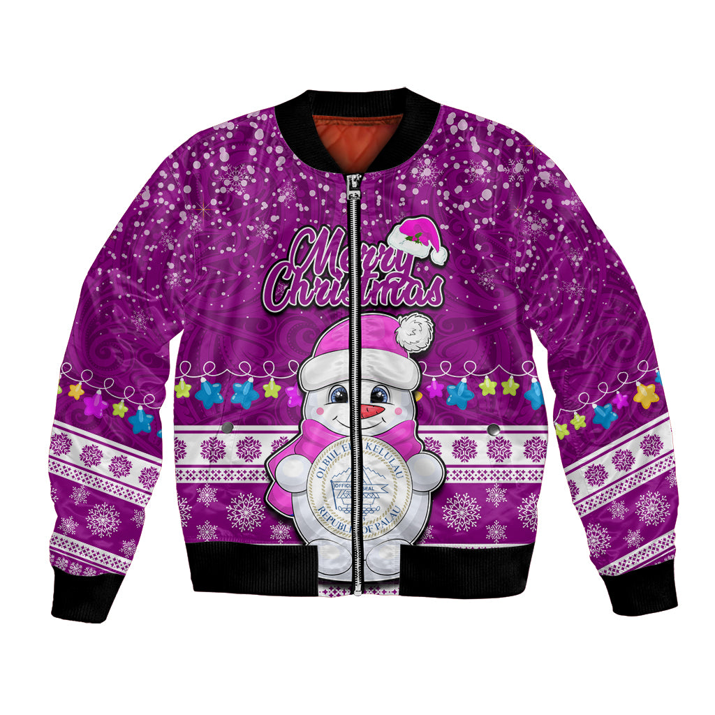 Palau Christmas Bomber Jacket Snowman Hugs Palau Coat of Arms Maori Pattern Pink Style LT03 Unisex Pink - Polynesian Pride
