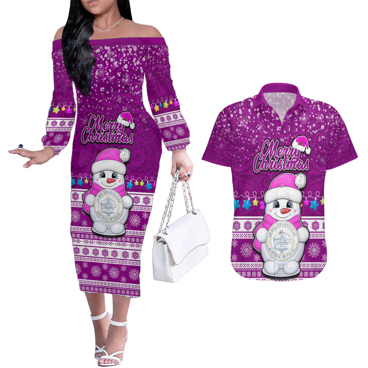Palau Christmas Couples Matching Off The Shoulder Long Sleeve Dress and Hawaiian Shirt Snowman Hugs Palau Coat of Arms Maori Pattern Pink Style LT03 Pink - Polynesian Pride