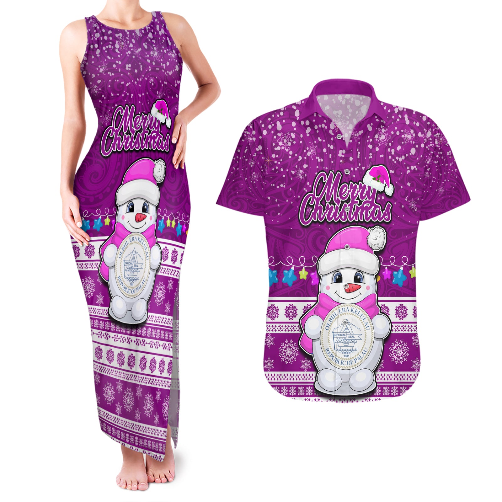 Palau Christmas Couples Matching Tank Maxi Dress and Hawaiian Shirt Snowman Hugs Palau Coat of Arms Maori Pattern Pink Style LT03 Pink - Polynesian Pride