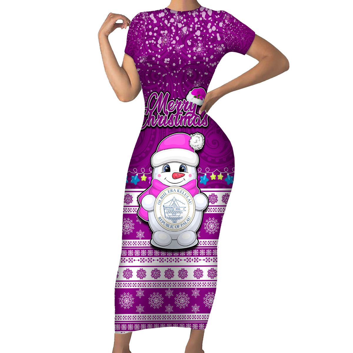Palau Christmas Family Matching Short Sleeve Bodycon Dress and Hawaiian Shirt Snowman Hugs Palau Coat of Arms Maori Pattern Pink Style LT03 Mom's Dress Pink - Polynesian Pride