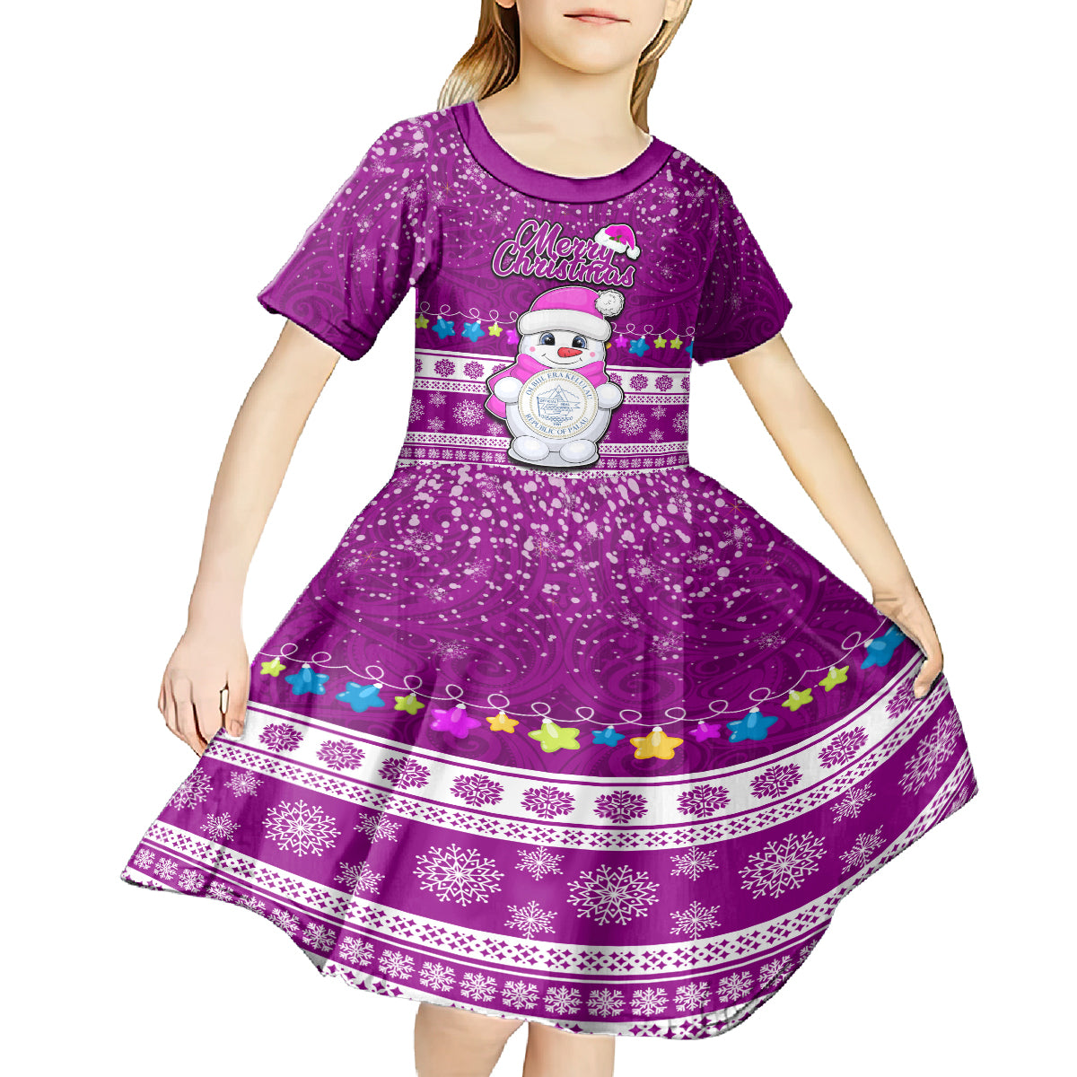 Palau Christmas Kid Short Sleeve Dress Snowman Hugs Palau Coat of Arms Maori Pattern Pink Style LT03 - Polynesian Pride