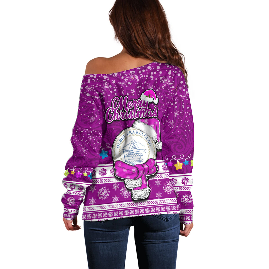 Palau Christmas Off Shoulder Sweater Snowman Hugs Palau Coat of Arms Maori Pattern Pink Style LT03 - Polynesian Pride
