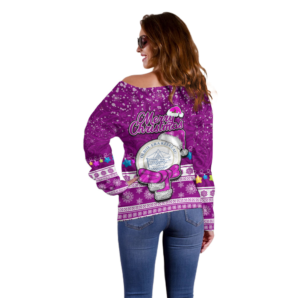 Palau Christmas Off Shoulder Sweater Snowman Hugs Palau Coat of Arms Maori Pattern Pink Style LT03 - Polynesian Pride