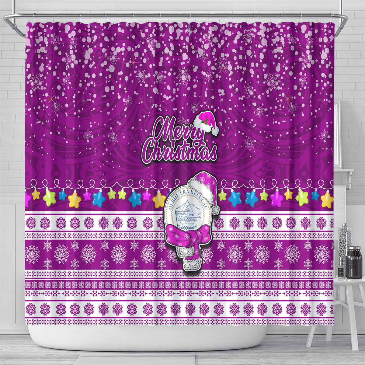 Palau Christmas Shower Curtain Snowman Hugs Palau Coat of Arms Maori Pattern Pink Style LT03 - Polynesian Pride