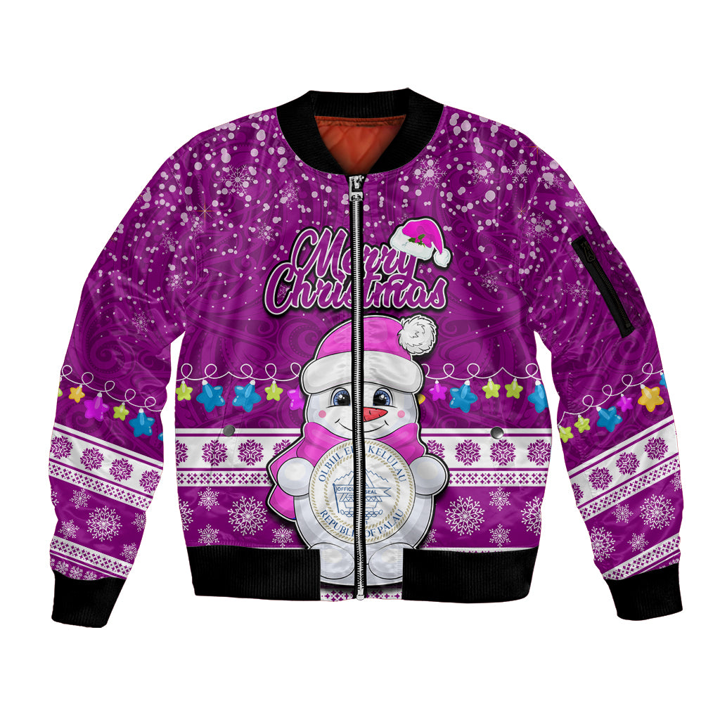Palau Christmas Sleeve Zip Bomber Jacket Snowman Hugs Palau Coat of Arms Maori Pattern Pink Style LT03 Unisex Pink - Polynesian Pride