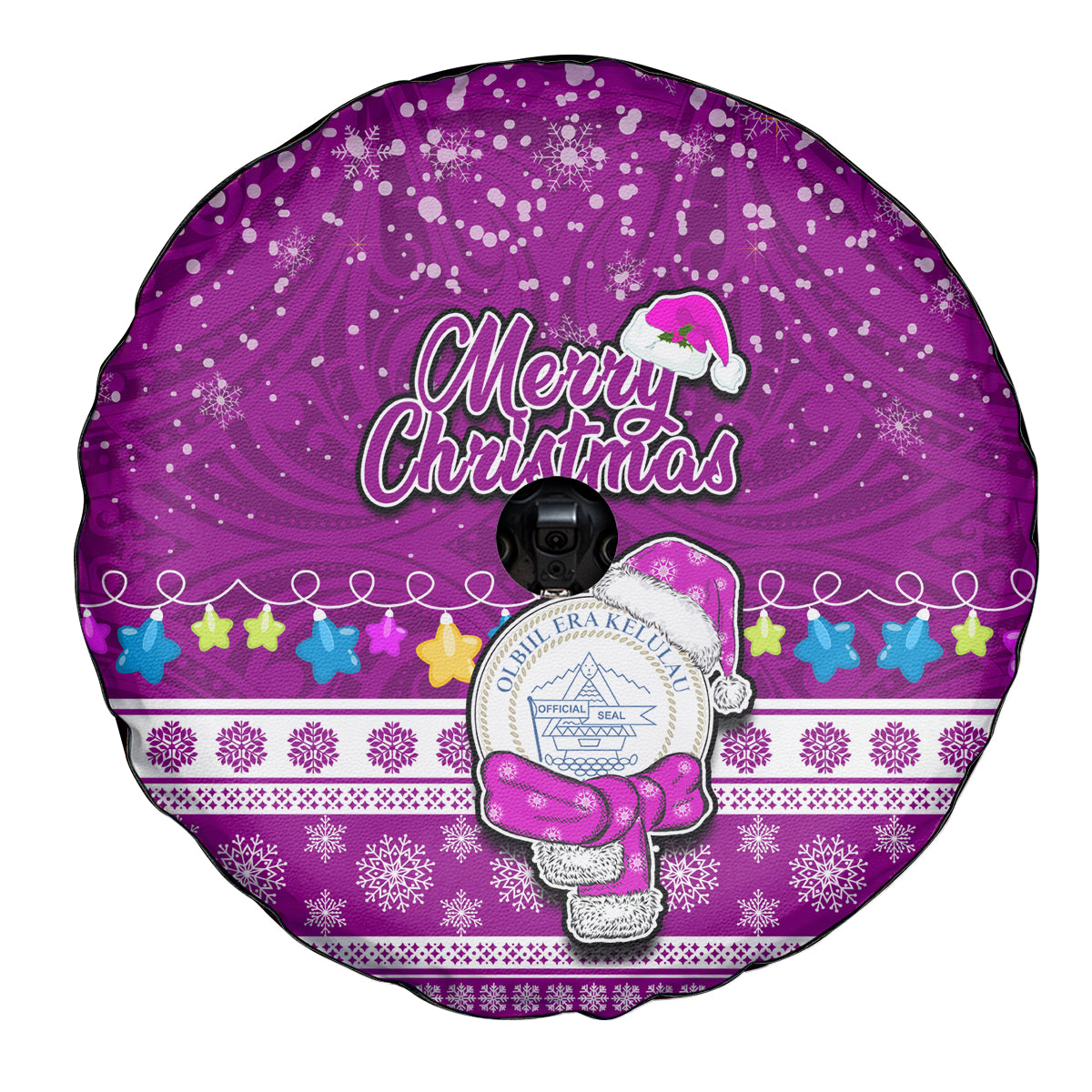 Palau Christmas Spare Tire Cover Snowman Hugs Palau Coat of Arms Maori Pattern Pink Style LT03 - Polynesian Pride