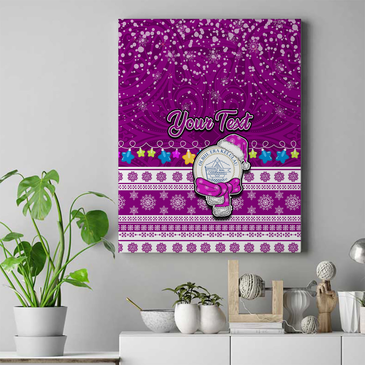 Personalised Palau Christmas Canvas Wall Art Snowman Hugs Palau Coat of Arms Maori Pattern Pink Style LT03 Pink - Polynesian Pride