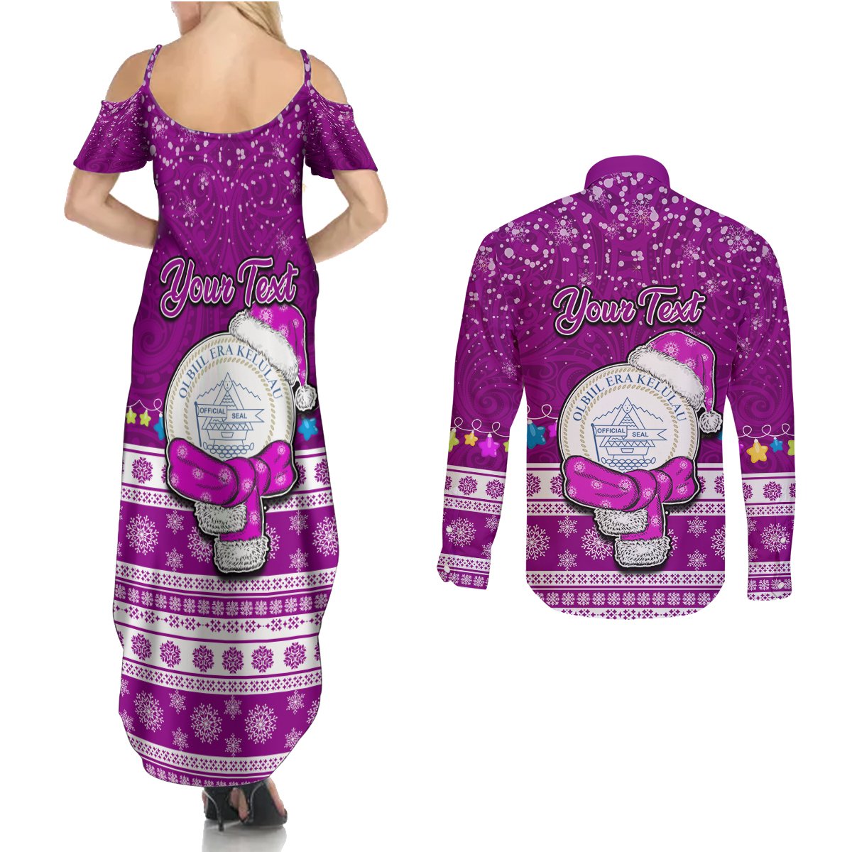 Personalised Palau Christmas Couples Matching Summer Maxi Dress and Long Sleeve Button Shirt Snowman Hugs Palau Coat of Arms Maori Pattern Pink Style LT03 - Polynesian Pride