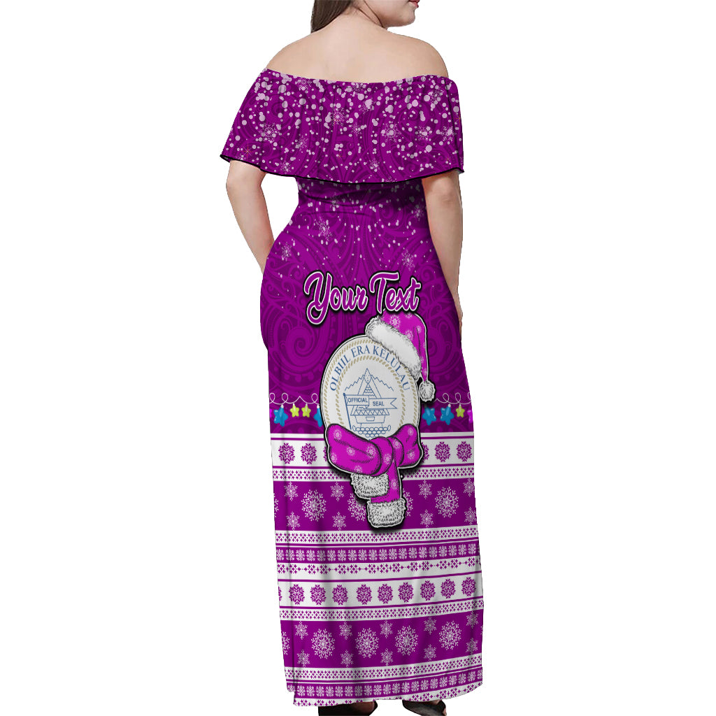 Personalised Palau Christmas Off Shoulder Maxi Dress Snowman Hugs Palau Coat of Arms Maori Pattern Pink Style LT03 - Polynesian Pride