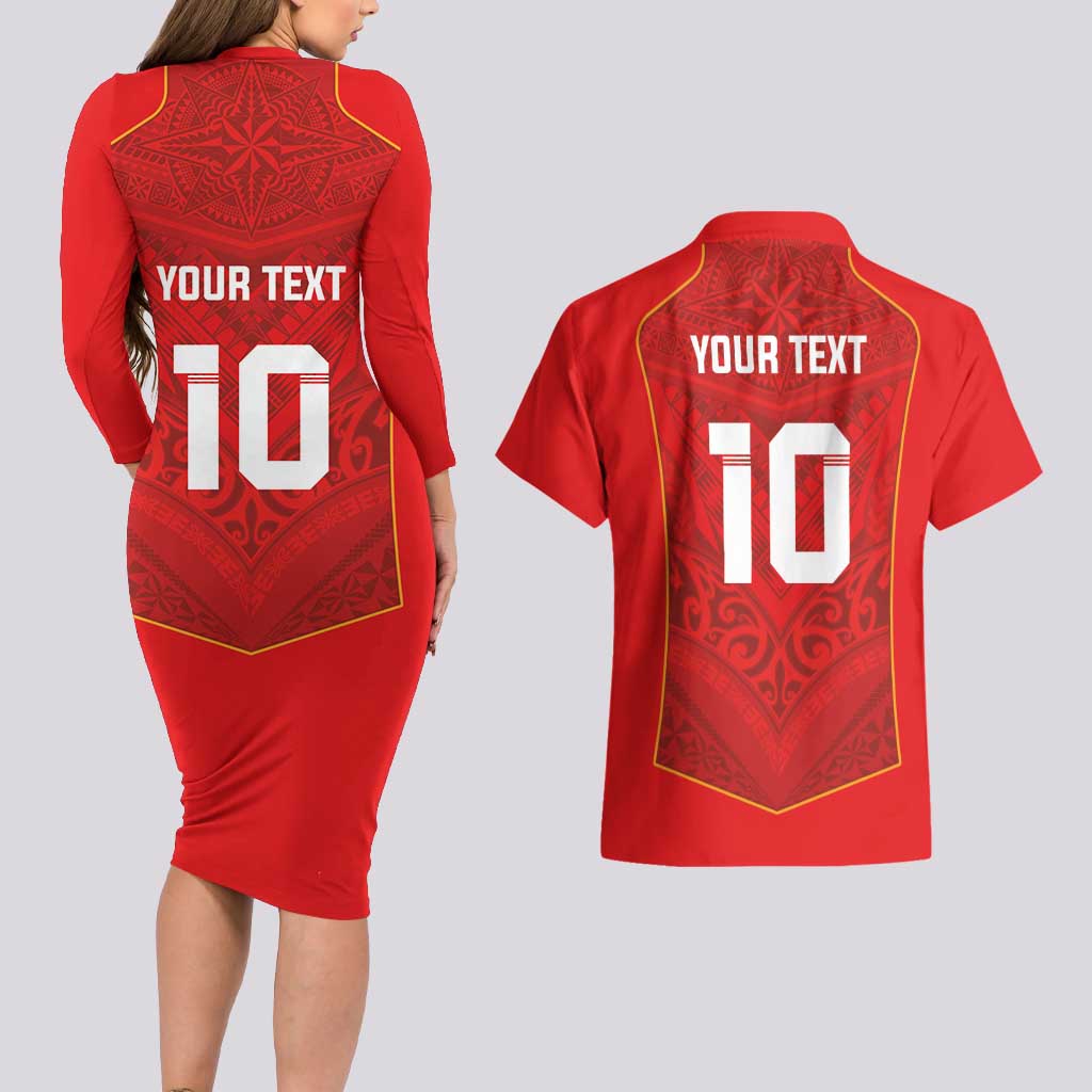 Custom Mate Ma'a Tonga Rugby Couples Matching Long Sleeve Bodycon Dress and Hawaiian Shirt Ngatu Tribal Motifs Sporty Style - Polynesian Pride