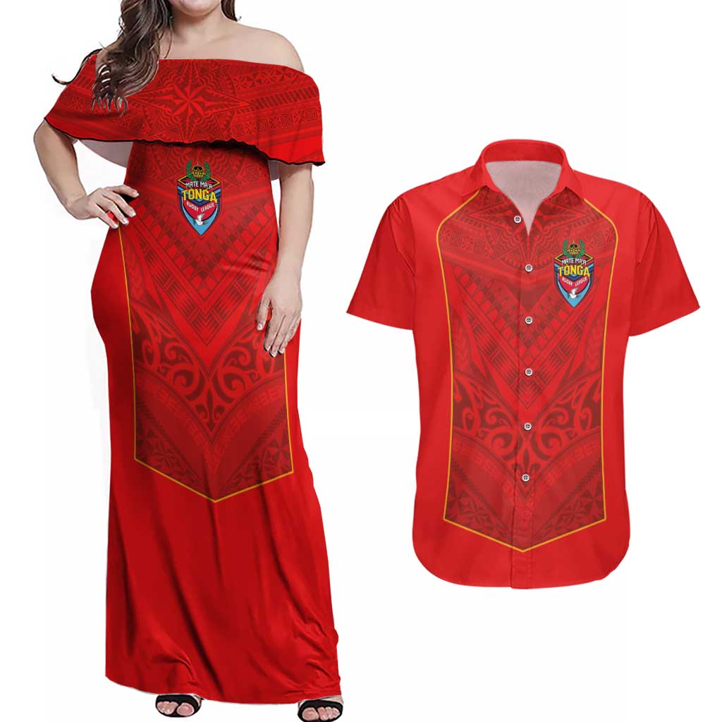 Custom Mate Ma'a Tonga Rugby Couples Matching Off Shoulder Maxi Dress and Hawaiian Shirt Ngatu Tribal Motifs Sporty Style - Polynesian Pride